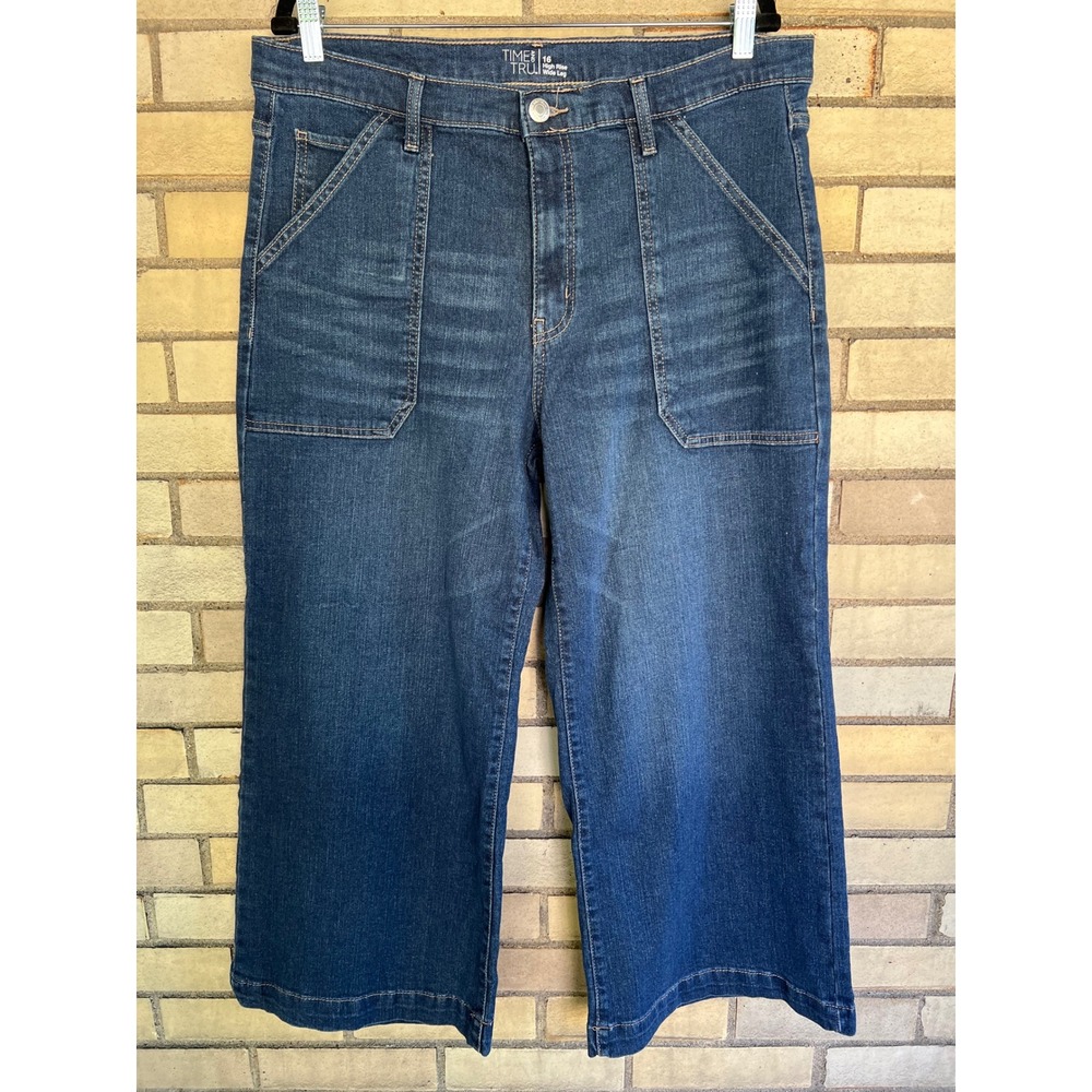 Time and Tru High Rise Wide Leg Cropped Jeans Dark Wash Size 16 Stretch Denim